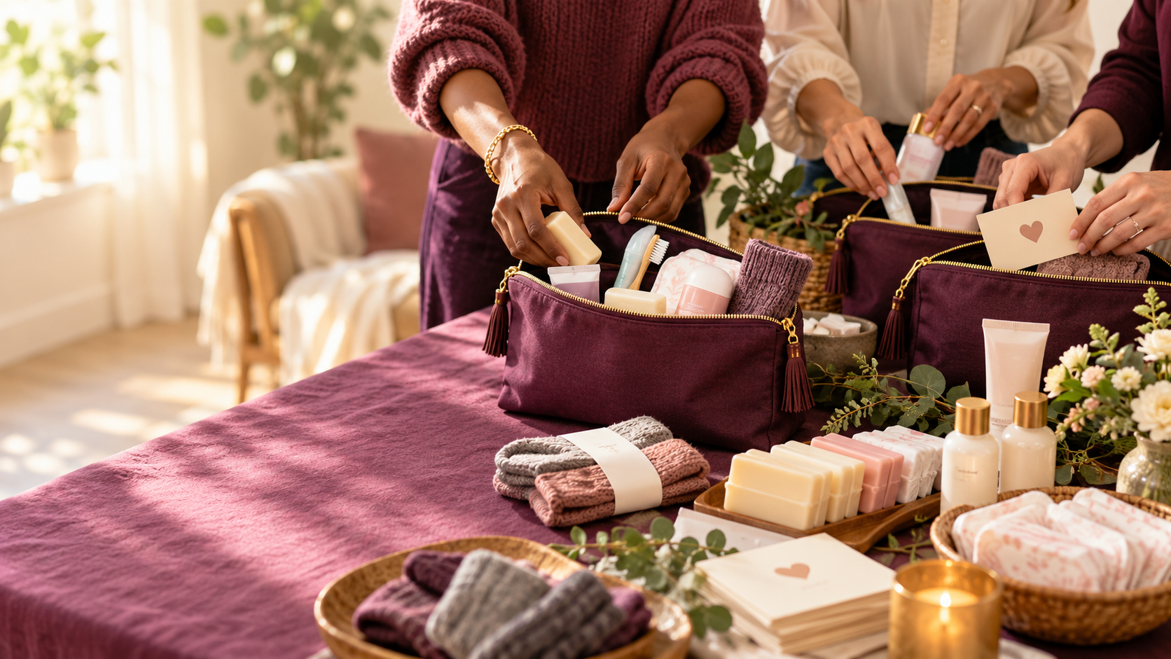 Women’s hands assembling beautiful personal care kits together
